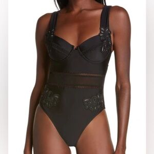 RIVER ISLAND RESORT Black Lace Trim Underwire One Piece Swimsuit